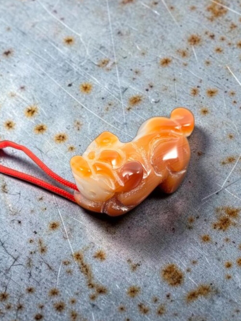 Chinese Carved Carnelian Pixiu Pendant On Silk String